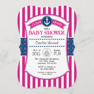 Hot Pink Blue Nautical Baby Shower Invitation
