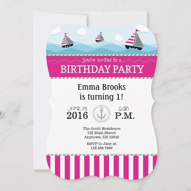 Hot Pink Blue Nautical Birthday Invitation (Front)