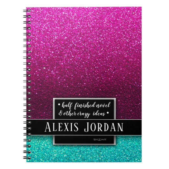 Hot Pink Blue Ombre Glitter Black White Monogram Notebook (Front)