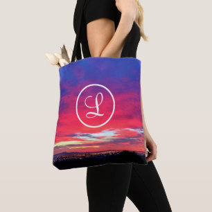 Hot pink blue sunset photo custom monogram modern tote bag