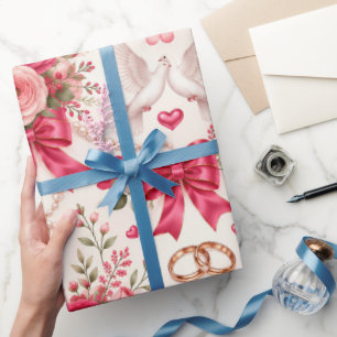 Hot Pink Blush Floral Wedding Gift Wrap with Doves