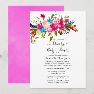 Hot-Pink Boho Chic Drive By Bridal or Baby Shower Invitation