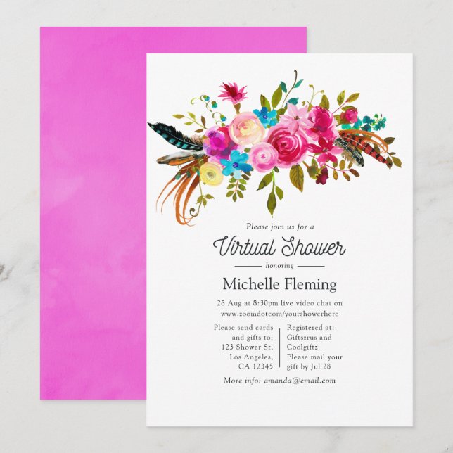 Hot-Pink Boho Chic Floral Virtual Baby Shower Invitation (Front/Back)