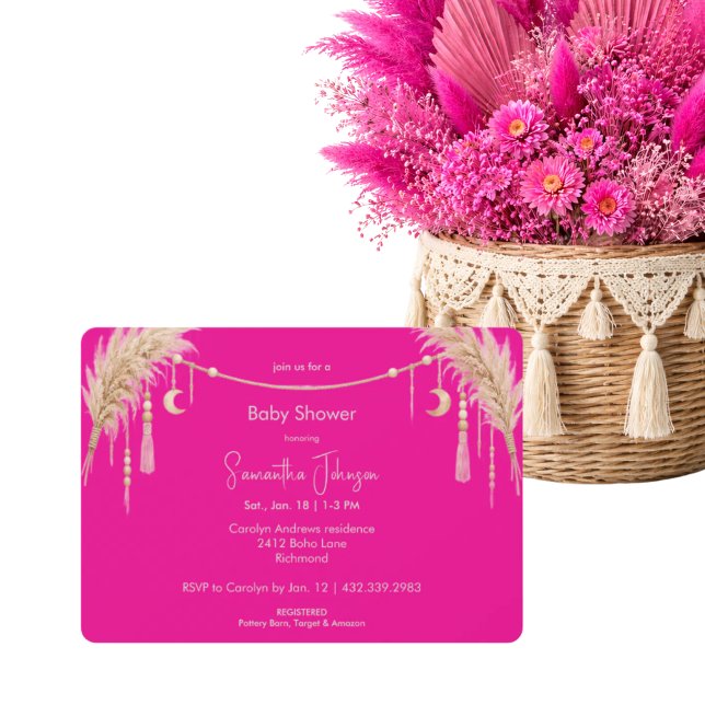 Hot Pink Boho Pampas Baby Shower Invitation (Creator Uploaded)