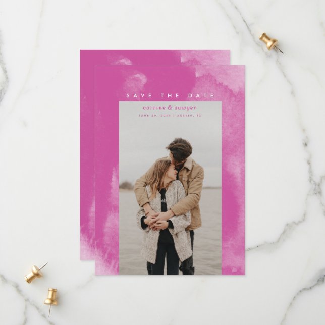 Hot Pink Boho Watercolor Save the Date (Front/Back In Situ)
