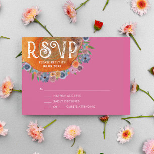 Hot Pink Boho Watercolor Wildflower Wedding RSVP Card