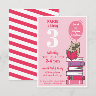 Hot Pink Book Birthday Party Reading Invitation