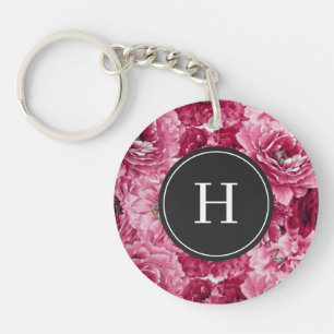 Hot Pink Botanical Peonies Pattern Monogram Key Ring
