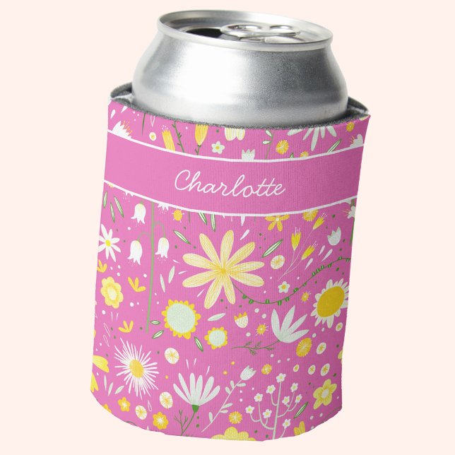 Hot Pink Botanical Wildflower Floral Personalised Can Cooler (Personalized name hot pink and yellow wildflower pattern can cooler)