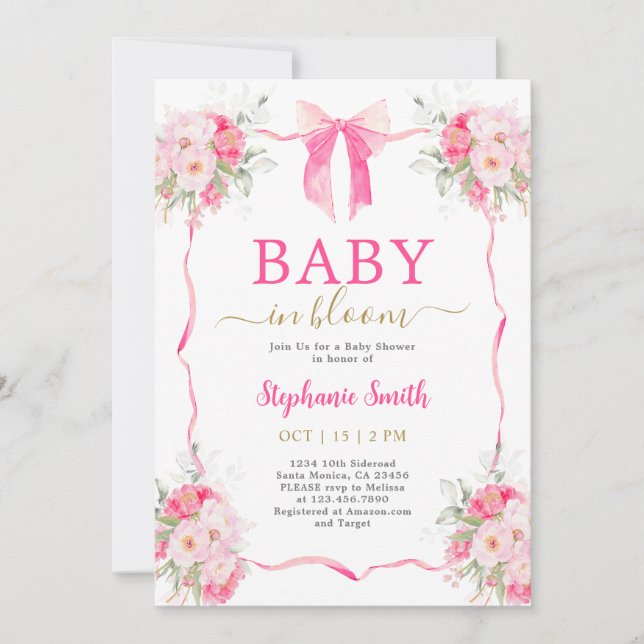 Hot Pink Bow Baby in Bloom Baby Shower Girl Invitation (Front)