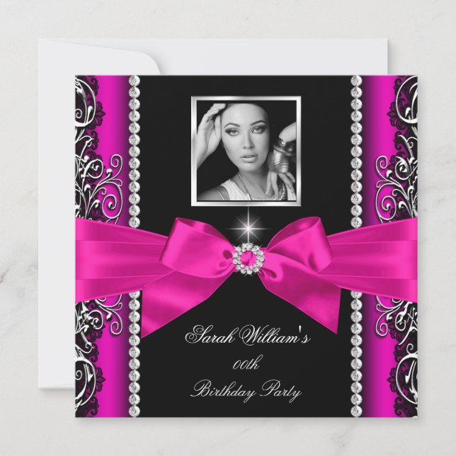 Hot Pink Bow Birthday Party Silver Photo Invitation (Front)