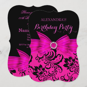 Hot Pink Bow Black Damask Birthday Party Invitation