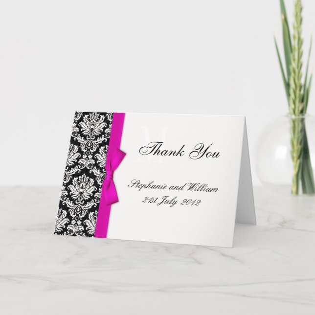 Hot Pink Bow Damask Wedding Thank You Cards (Front)