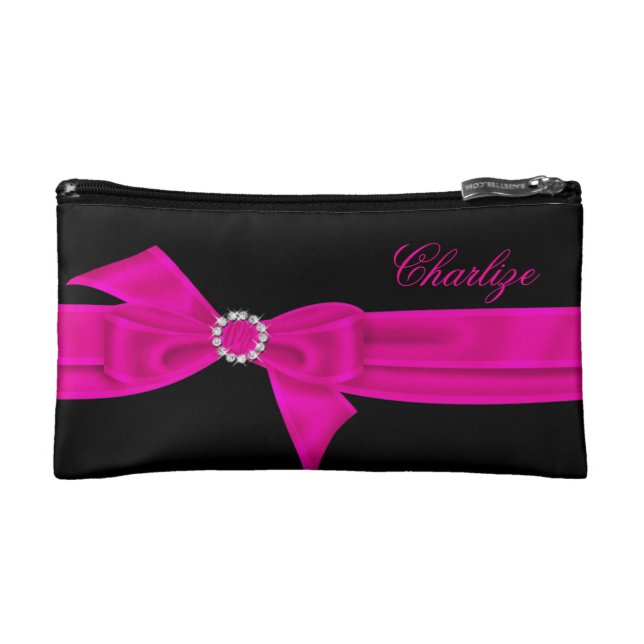 Hot Pink BOW Diamond Hot Pink Black Makeup Bag (Front)