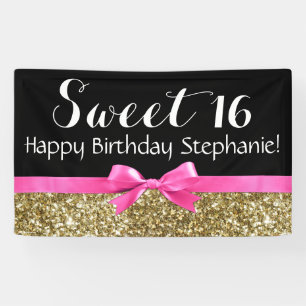 Hot Pink Bow Gold Glitter Sweet 16 Birthday Party Banner