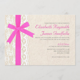 Hot Pink Bow & Lace Wedding Invitations