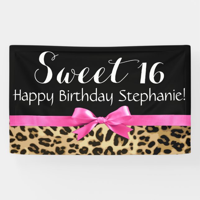 Hot Pink Bow Leopard Print Sweet 16 Birthday Party Banner (Horizontal)