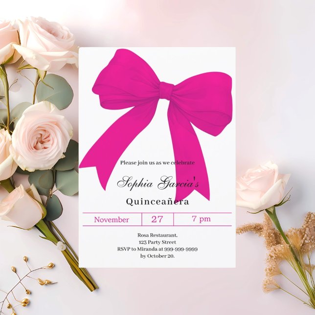 Hot pink bow modern Quinceanera Invitation (Creator Uploaded)