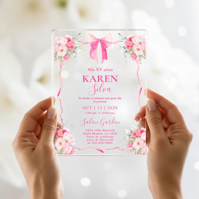 Hot Pink Bow Quinceanera Acrylic Invitation (Creator Uploaded)
