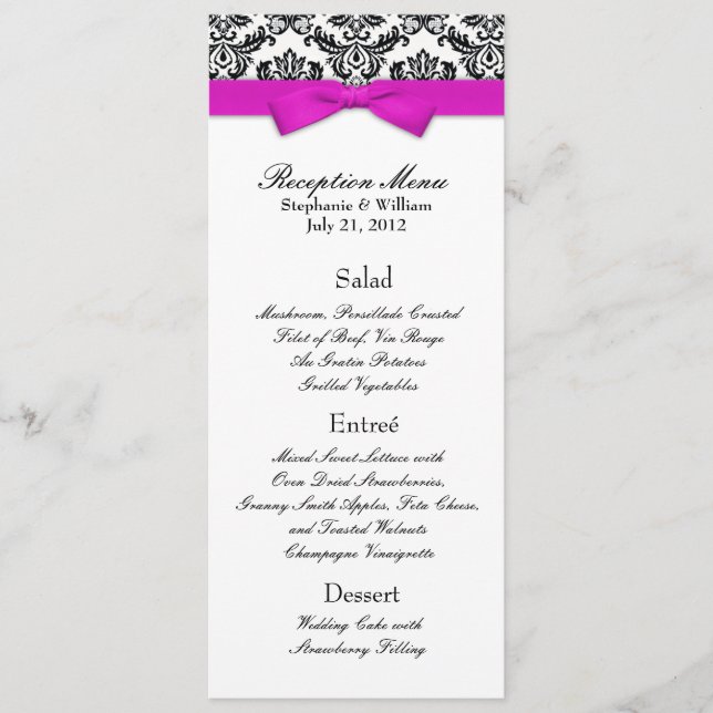 Hot Pink Bow with Damask Wedding Reception Menu (Front)