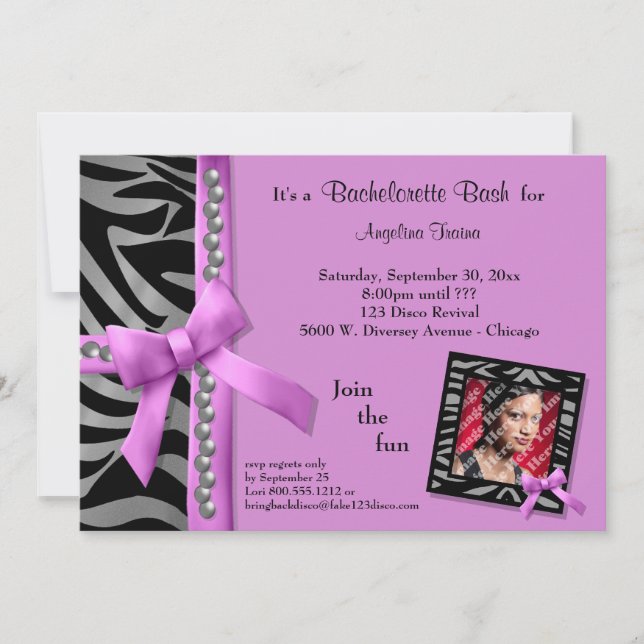 Hot Pink Bow With Silver Pearls And Zebra Stripes Invitation (Front)