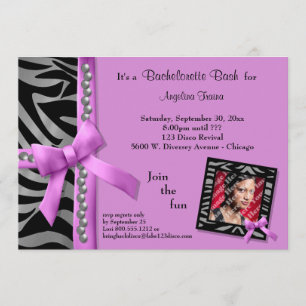 Hot Pink Bow With Silver Pearls And Zebra Stripes Invitation