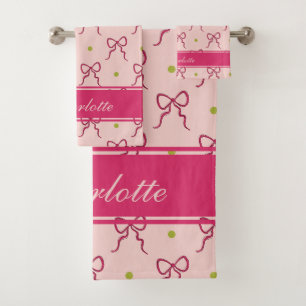 Hot Pink Bows Green Polka Dots Bath Towel Set