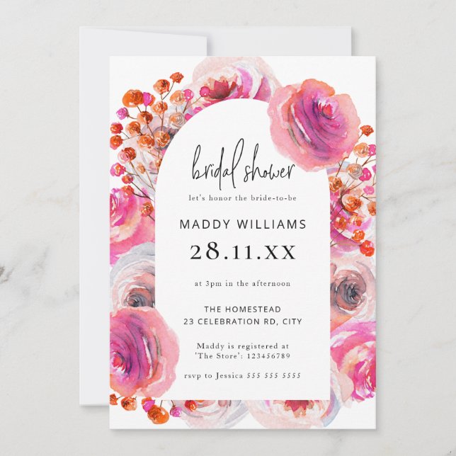 Hot Pink Bright Floral Arch Bridal Shower Invitation (Front)