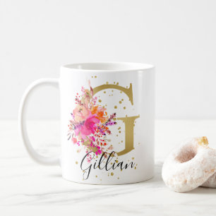 Hot Pink Bright Floral Letter G Monogram Coffee Mug