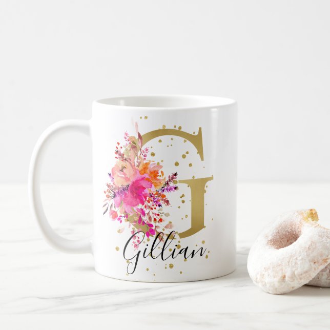 Hot Pink Bright Floral Letter G Monogram Coffee Mug (With Donut)