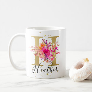Hot Pink Bright Floral Letter H Monogram Coffee Mug