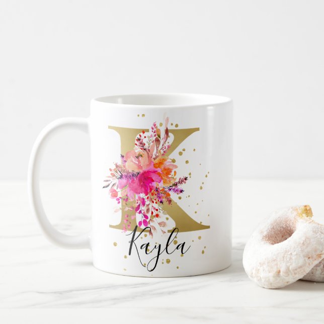 Hot Pink Bright Floral Letter K Monogram Coffee Mug (With Donut)