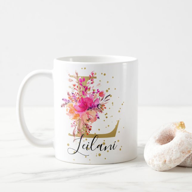Hot Pink Bright Floral Letter L Monogram Coffee Mug (With Donut)