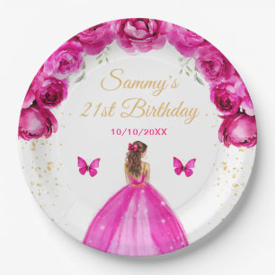 Hot Pink Brown Hair Princess Birthday Party Paper Plate