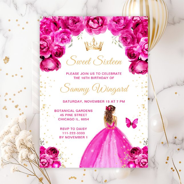 Hot Pink Brown Hair Princess Sweet Sixteen Invitation (Creator Uploaded)