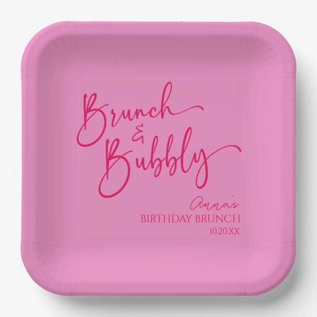 Hot Pink Brunch and Bubbly Birthday Brunch Party Paper Plate (Front)