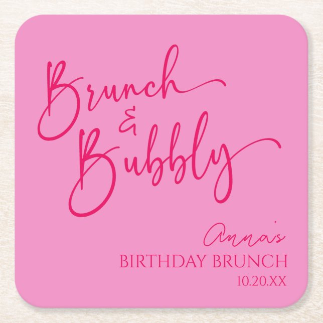 Hot Pink Brunch and Bubbly Birthday Brunch Party Square Paper Coaster (Front)