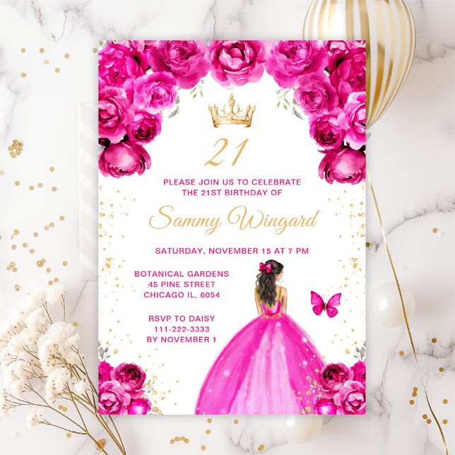 Hot Pink Brunette Hair Princess Birthday Party Invitation (Creator Uploaded)