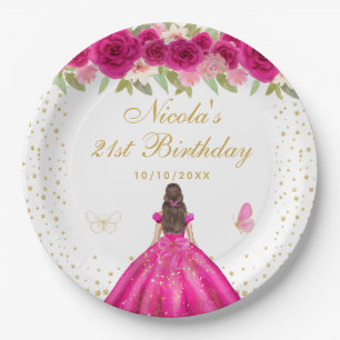 Hot Pink Brunette Hair Princess Birthday Party Paper Plate