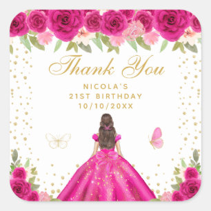 Hot Pink Brunette Hair Princess Birthday Party Square Sticker