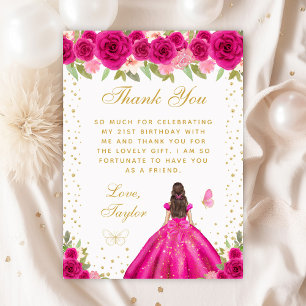 Hot Pink Brunette Hair Princess Birthday Party Thank You Card