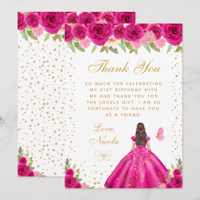 Hot Pink Brunette Hair Princess Birthday Party Thank You Card (Front/Back)