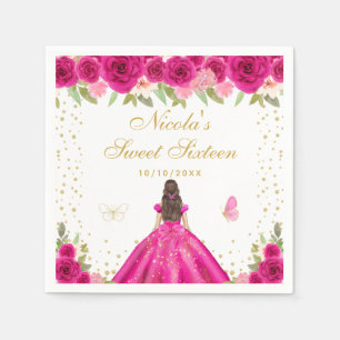 Hot Pink Brunette Hair Princess Sweet Sixteen Napkin