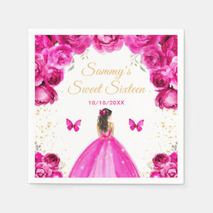 Hot Pink Brunette Hair Princess Sweet Sixteen Napkin