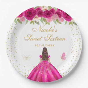 Hot Pink Brunette Hair Princess Sweet Sixteen Paper Plate