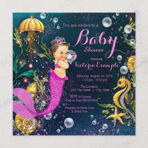 Hot Pink Brunette Mermaid Baby Shower Invitation