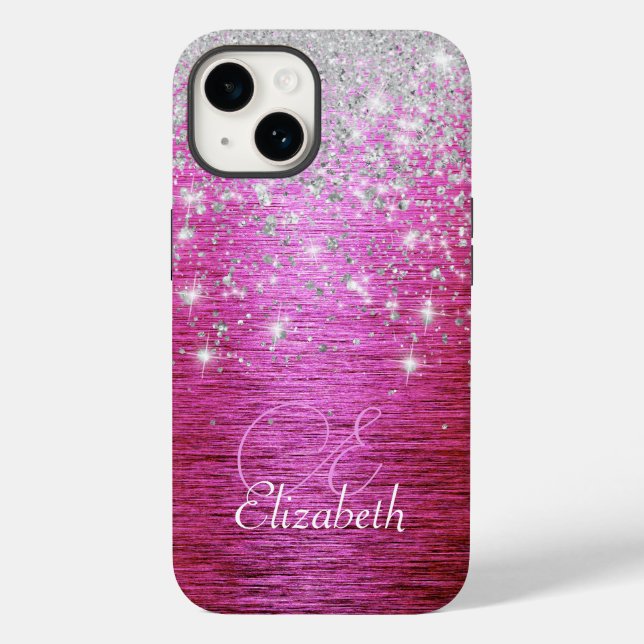 Hot Pink Brushed Metal Silver Glitter Monogram  Case-Mate iPhone Case (Back)