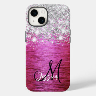 Hot Pink Brushed Metal Silver Glitter Monogram  Case-Mate iPhone 14 Case