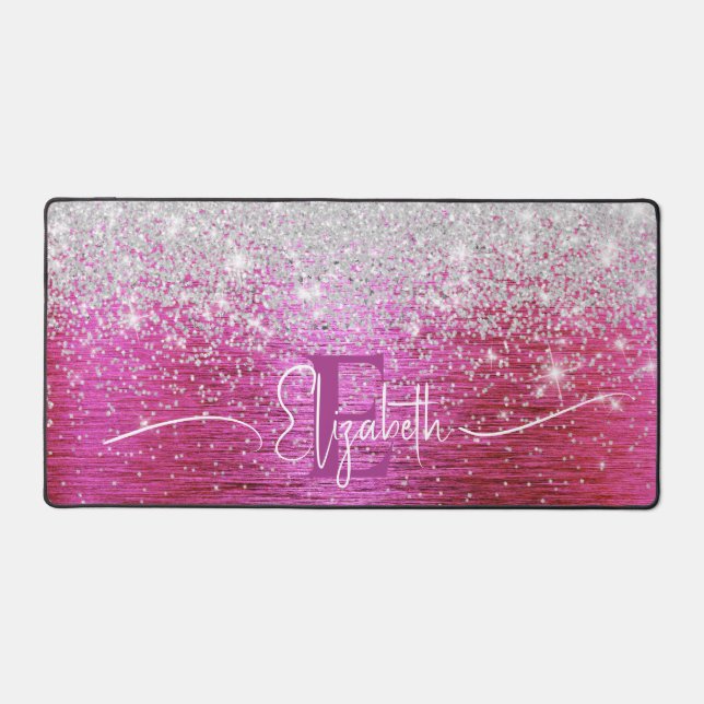 Hot Pink Brushed Metal Silver Glitter Monogram  Desk Mat (Front)
