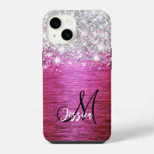 Hot Pink Brushed Metal Silver Glitter Monogram iPhone 14 Case